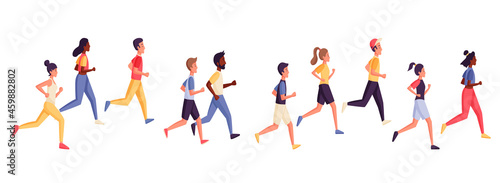 Running people, women, men. Multiracial male and female runners, athletes, sportive people in motion. Group runner race, sport training, marathon, and exercise. Isolated elements on white background. 