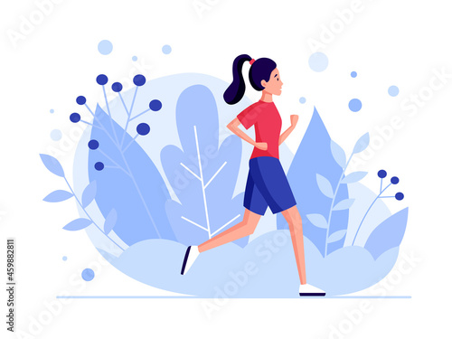 Running woman concept. Active jogging girl design. Banner for marathon, city run, training, cardio exercising. Flat vector illustration.