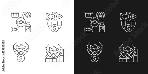 Fish product producing and trade linear icons set for dark and light mode. Producing sea products for trade. Customizable thin line symbols. Isolated vector outline illustrations. Editable stroke