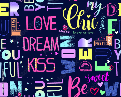 Abstract seamless calligraphic lettering pattern for girl clothes, fashion textile, wrapping paper. Graffiti fashion repeat print
