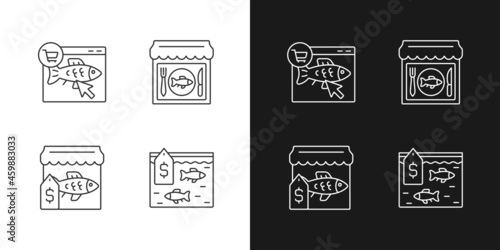 Seafood product selling linear icons set for dark and light mode. Fishing industry. Fish market and online shop. Customizable thin line symbols. Isolated vector outline illustrations. Editable stroke