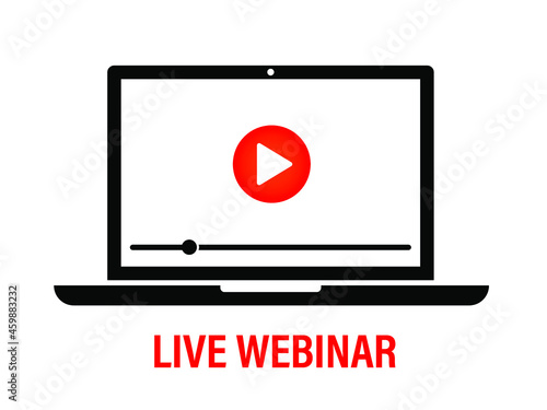 live webinar icon with black thin line laptop. flat outline style trend modern e-learning logotype graphic design isolated on white background. concept of viral resources or video call or remote help.