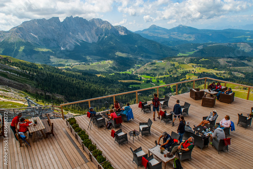 Rosengarten also called Catinaccio mountain range in the Dolomites of South Tyrol Alto Adige during summer 2021, The Vajolet Towers and the rock face of mount Laurin Wand. The Rosengarten is part of t
