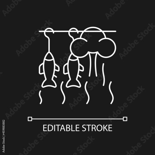 Smoking fish white linear icon for dark theme. Commercial seafood smoking. Hot, cold smoked fish. Thin line customizable illustration. Isolated vector contour symbol for night mode. Editable stroke