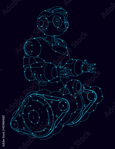 Contour of a robot on a goose with hands with glowing lights from blue lines isolated on a dark background. Front side. Vector illustration