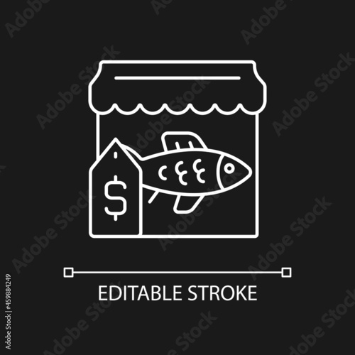 Fish market white linear icon for dark theme. Fresh and frozen seafood trade. Fish marketplace. Thin line customizable illustration. Isolated vector contour symbol for night mode. Editable stroke