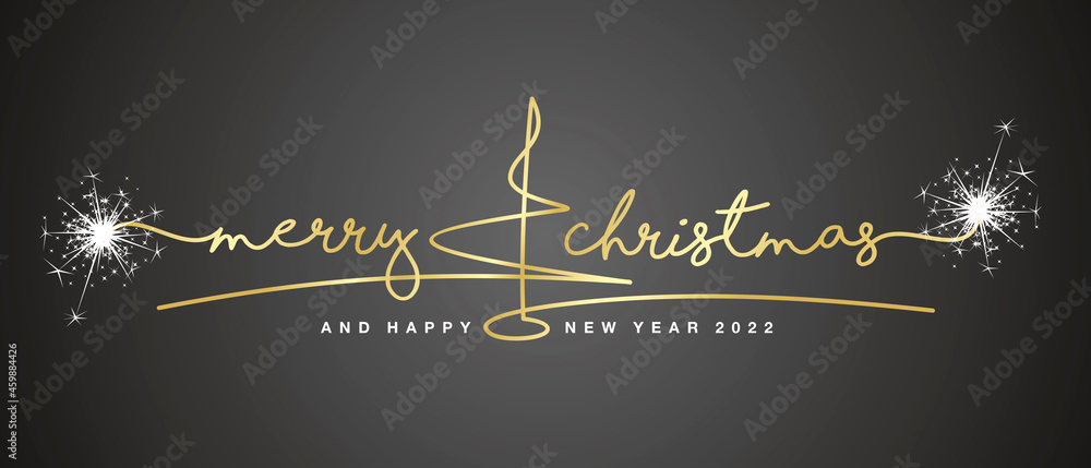 Fototapeta premium Merry Christmas and Happy New Year 2022 gold handwritten lettering tipography and abstract line design christmas tree sparkle firework white black background