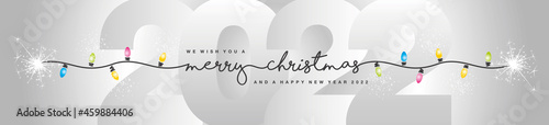 Merry Christmas and Happy New Year 2022 black handwritten lettering tipography line design pattern colorful Christmas lights sparkle firework silver white 2022 background banner vector