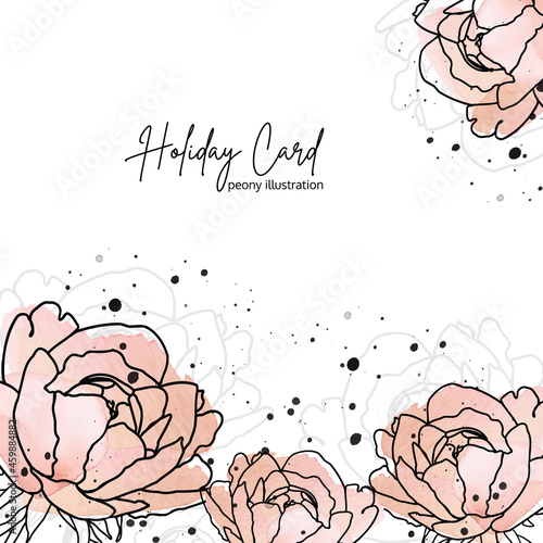 Trendy pink holiday watercolor floral card with line art peonies and black ink splashes