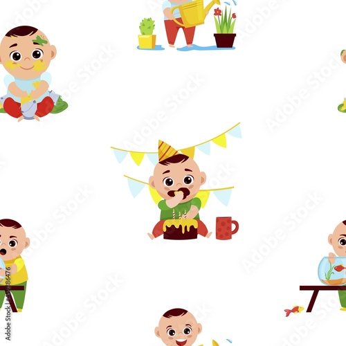 Naughty baby boy seamless pattern, cartoon character vector illustration for wrapping, fabric or wallpaper design