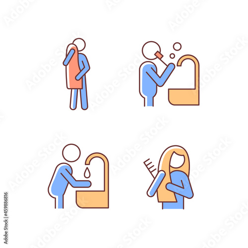 Day-to-day life RGB color icons set. Habits for healthy living. Everyday hygiene procedures. Activities of daily living. Isolated vector illustrations. Simple filled line drawings collection