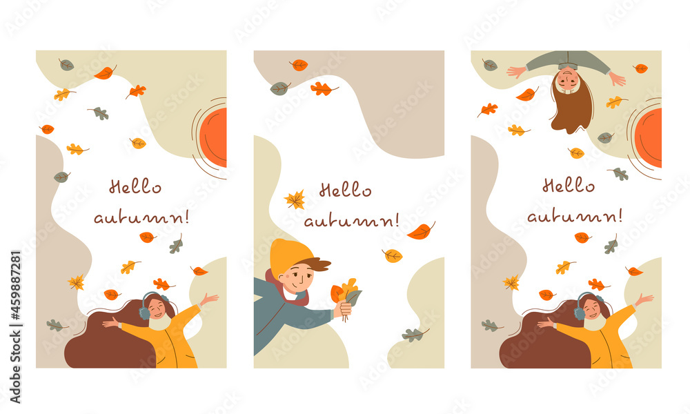 Set of vector autumn banners. Happy cartoon people rejoice at the fall of the leaves.