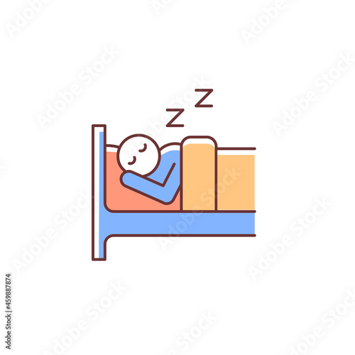 Sleep RGB color icon. Person sleeping soundly in bed. Dreaming man. Commonplace day-to-day human life. Healthy lifestyle, habits, sleep. Isolated vector illustration. Simple filled line drawing