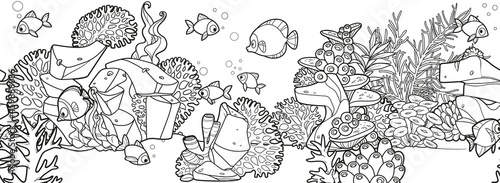 Fototapeta Naklejka Na Ścianę i Meble -  Horizontal seamless background from seabed and its inhabitants flock of fishes, coral, anemones, seaweed, stones linear drawing for coloring page