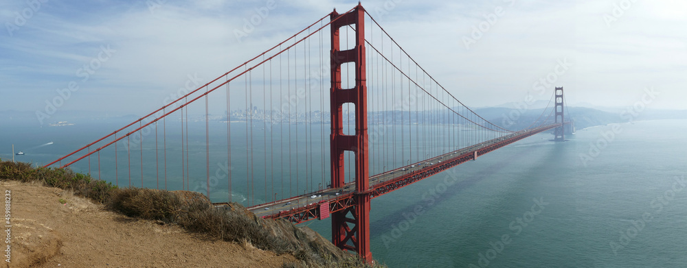 Golden Gate Bridge panorama, famous landmark and popular tourist spot near San Francisco, California, United States