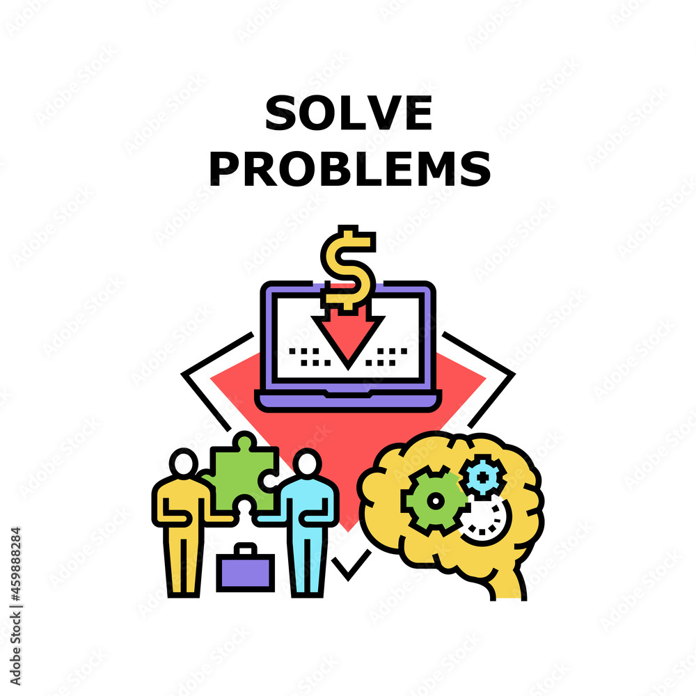 Solve Problems Vector Icon Concept. Manager And Businessman Solve Problems, Brainstorming And Thinking For Success Decision. Business Man Searching Solution Working Process Color Illustration