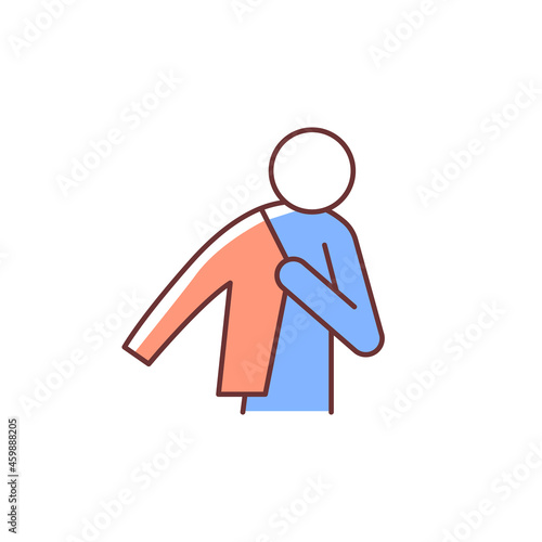Dress up RGB color icon. Person putting on jacket. Man getting ready to go to work. Wearing clothes. Taking off clothes. Day-to-day life. Isolated vector illustration. Simple filled line drawing