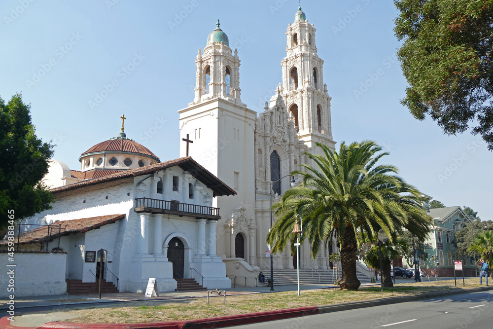 Mission San Francisco de Asis, known as Mission Dolores, oldest surviving structure in San Francisco, Basilica behind, California, United States