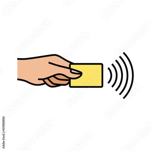 The payment by bank card icon. A light-skinned hand holds a bank card. Contactless payment, credit card. Vector icon of NFC wireless technology and contactless PayPass.