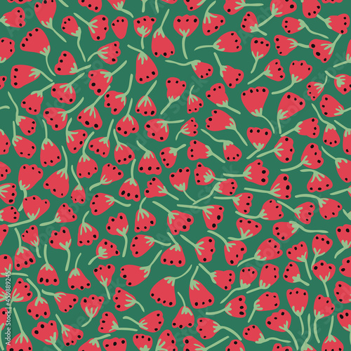Christmas abstract flowers with dots seamless repeat pattern. Random placed, vector botany plants all over surface print on green background.