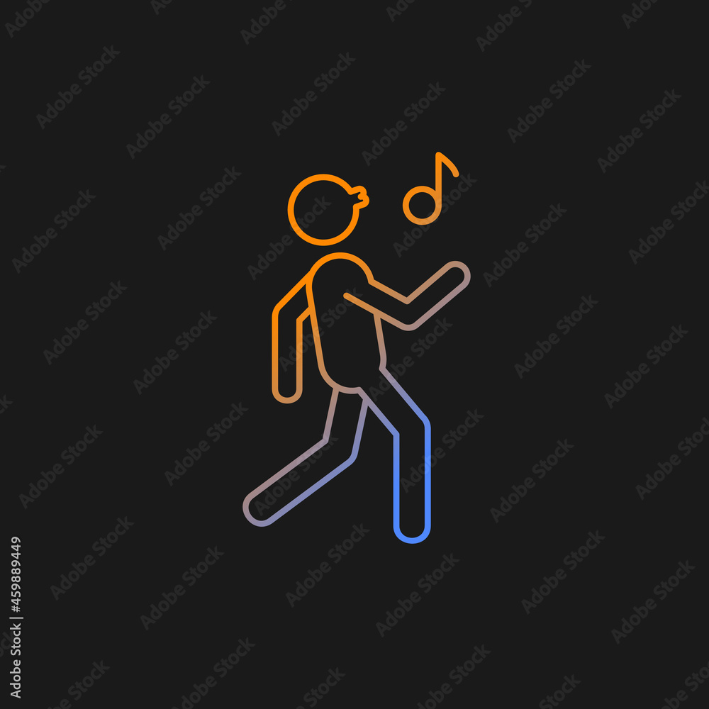 Whistle gradient vector icon for dark theme. Person walking merrily and whistling. Habitual patterns of human behavior. Thin line color symbol. Modern style pictogram. Vector isolated outline drawing Whistle gradient vector icon for dark theme. Person walking merrily and whistling. Habitual patterns of human behavior. Thin line color symbol. Modern style pictogram. Vector isolated outline drawing
