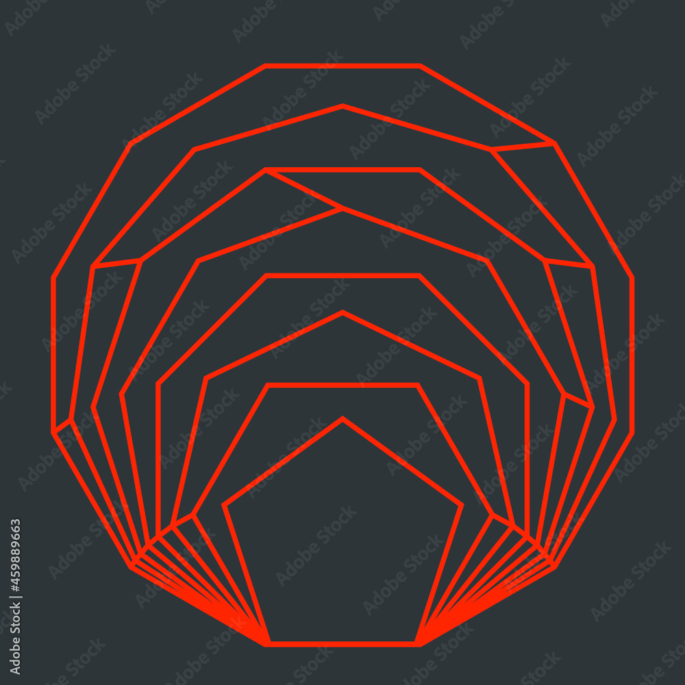 Shapes increasing in size and the number of sides creates a web like geometric line art pattern in orange on a grey background Shapes increasing in size and the number of sides creates a web like geometric line art pattern in orange on a grey background