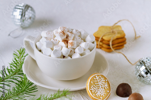 Christmas still life with cocoa and marshmallows