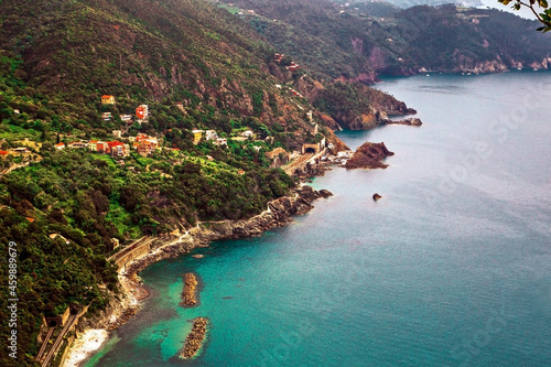 Aerial panoramic view of Framura sea bay from hiking trail, Liguria photo