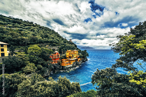 Paraggi small village with colored houses in Tigullio gulf, Portofino, Liguria photo