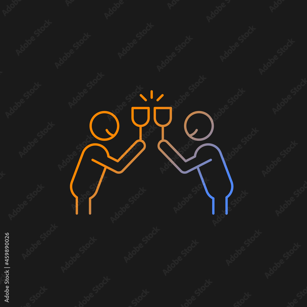 Clink glasses gradient vector icon for dark theme. Two people clinking glasses with smiles. . Toast proposing. Thin line color symbol. Modern style pictogram. Vector isolated outline drawing Clink glasses gradient vector icon for dark theme. Two people clinking glasses with smiles. . Toast proposing. Thin line color symbol. Modern style pictogram. Vector isolated outline drawing