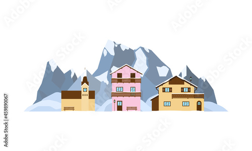 Private houses, church on the mountains landscape.