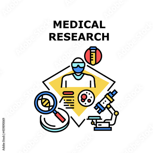 Medical Research Vector Icon Concept. Medical Research Blood With Laboratory Equipment And Microscope, Medicine Scientist Researching Analysis And Chemistry Liquid In Clinical Lab Color Illustration