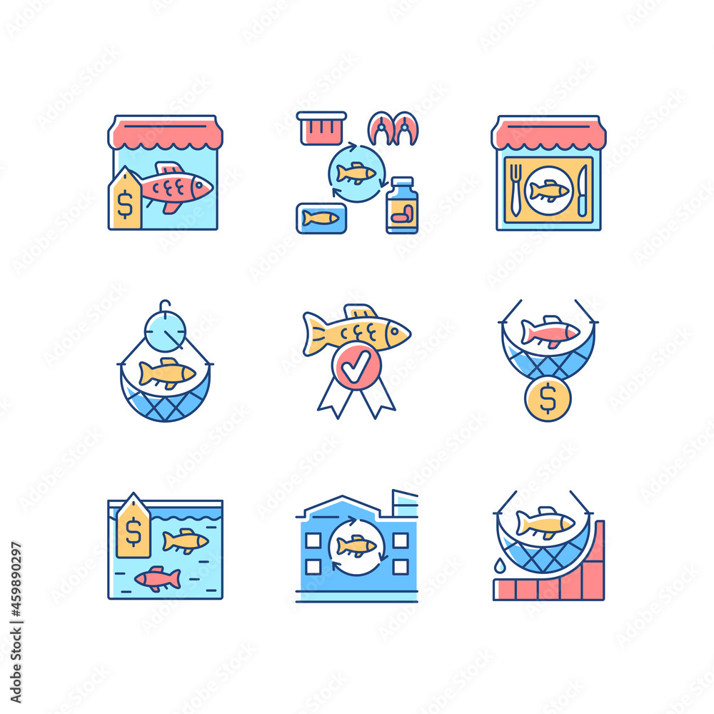 Fototapeta premium Commercial fishery RGB color icons set. Seafood restaurant and market. Processing factory. Quality control. Fish industry. Isolated vector illustrations. Simple filled line drawings collection