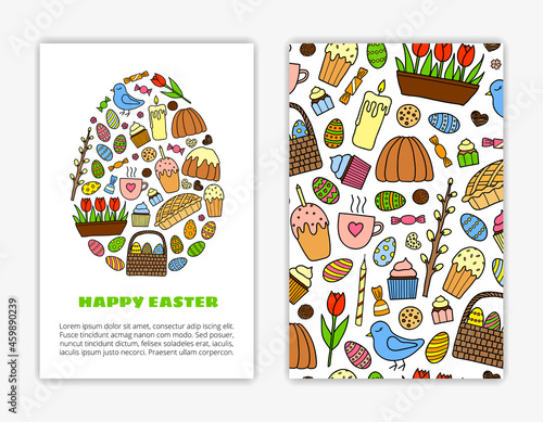 Card templates with hand drawn Easter items.
