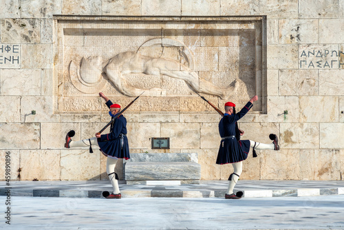 Evzones (soldiers of the greek Presidential Guard) in front of the monument of the Uknown Soldier's tomb in front of the greek parliament.