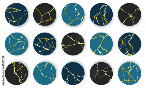 Circles with gold kintsugi vector patterns. Japanese art of repairing broken pottery. Broken line cracks patterns set for home prints, posters, wallpapers. Golden material of kintsugi restoration