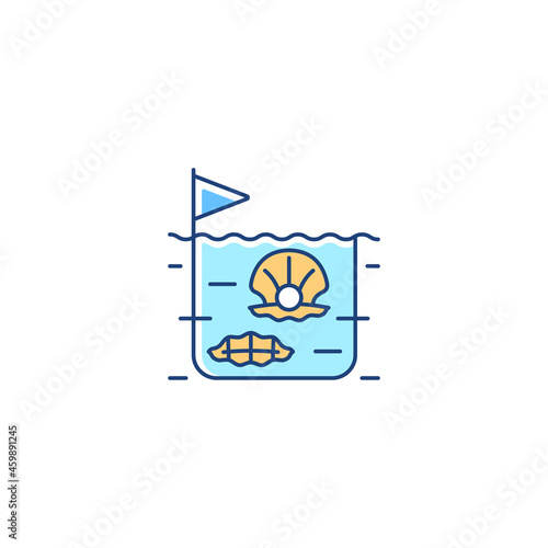 Pearl farming RGB color icon. Commercial production of gemstones. Pearl extraction. Perliculture. Commercial shellfish processing. Isolated vector illustration. Simple filled line drawing
