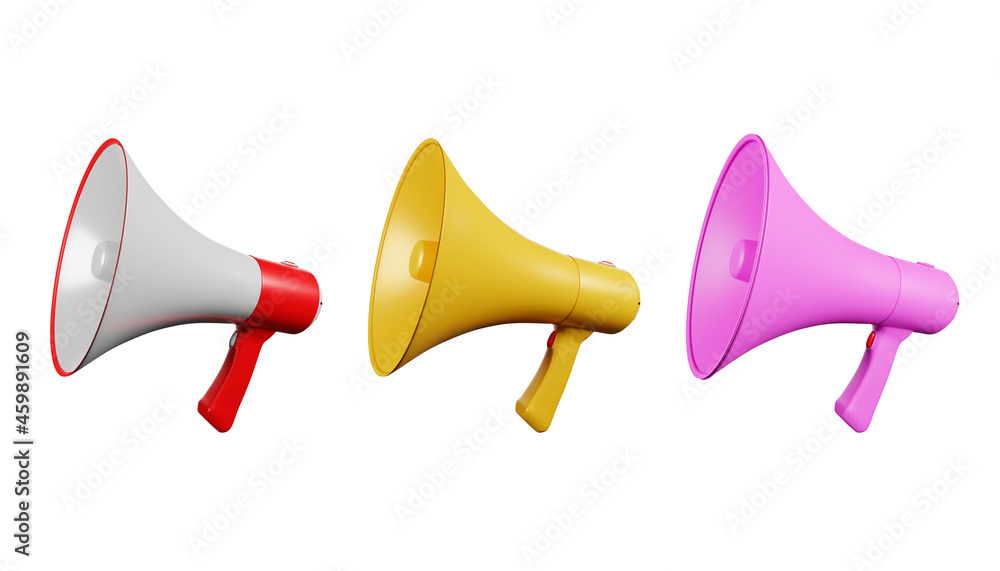 set-white pink and green speaker or megaphone It's an announcement icon, 3d illustration on a white background.