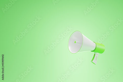 Realistic 3D megaphone speaker or bullhorn speaker. loudspeaker megaphone on green background