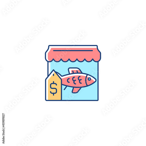 Fish market RGB color icon. Fresh, frozen seafood trade and supply. Fish marketplace. Fishmongers stall. Commercial fishery. Isolated vector illustration. Simple filled line drawing