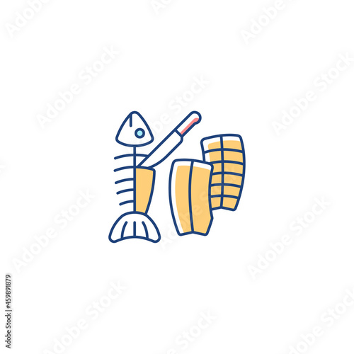 Fillet carving RGB color icon. Slicing fish flesh. Skinless and boneless seafood product. Fish filet commercial processing. Isolated vector illustration. Simple filled line drawing