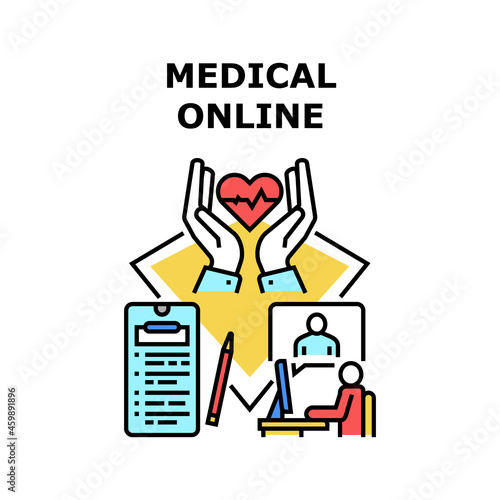 Medical Online Vector Icon Concept. Medical Online Examination And Consultation, Doctor Checking Patient Health And Diagnosis. Internet Healthcare Procedure And Therapy Color Illustration
