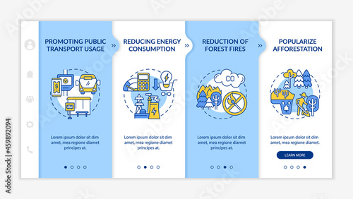 Sustainability initiatives onboarding vector template. Responsive mobile website with icons. Web page walkthrough 4 step screens. Reducing energy consumption color concept with linear illustrations