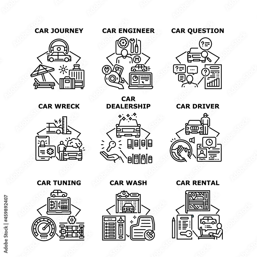 Car Dealership Set Icons Vector Illustrations. Car Dealership And Rental, Driver Question And Journey, Engineer Wreck And Tuning. Automobile Renovation And Industry Black Illustration