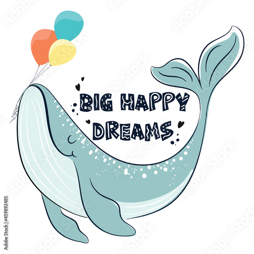 Cute happy whale vector illustration, children  t-shirt prints, wallpapers, greeting cards