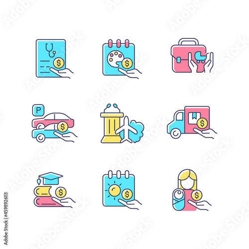 Rewarding employee for hard work RGB color icons set. Supplemental wages. Financial incentives at work. Performance awards. Isolated vector illustrations. Simple filled line drawings collection