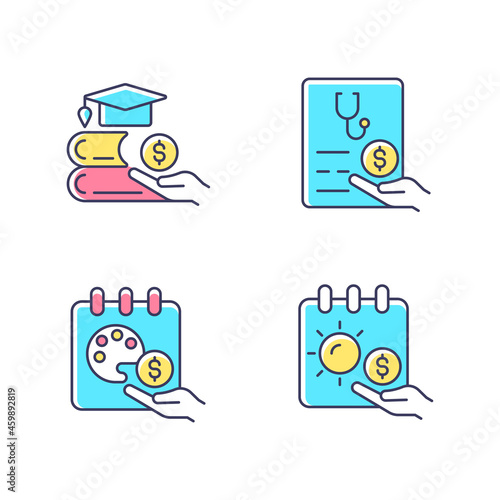 Workplace wellbeing benefits RGB color icons set. Tuition reimbursement. Paid sick days. Sabbatical leave. Unlimited vacation. Isolated vector illustrations. Simple filled line drawings collection