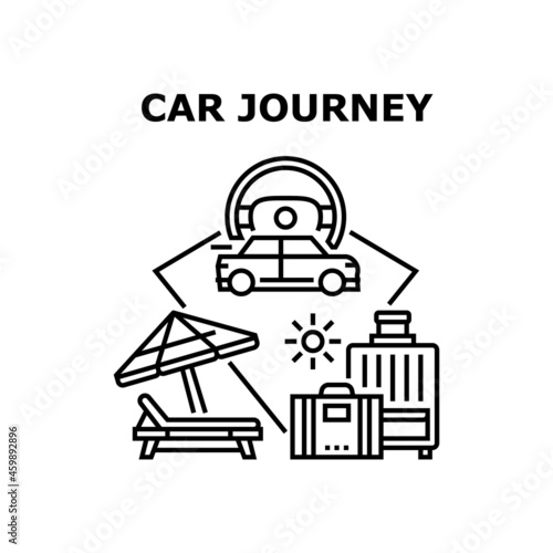 Car Journey Vector Icon Concept. Car Journey With Baggage On Summer Vacation For Resting Seashore And On Beach Chaise Lounge. Driver Driving Automobile For Travel With Luggage Black Illustration