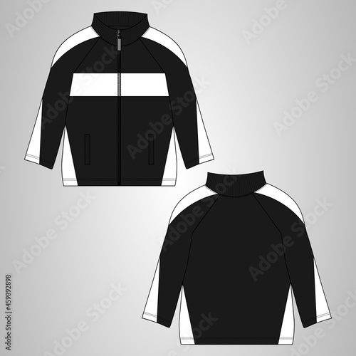 Two tone black, white long sleeve jacket with chest stripe overall technical fashion flat sketch drawing clothing vector illustration template front, back views. Warm up Apparel sweat jacket mock up.