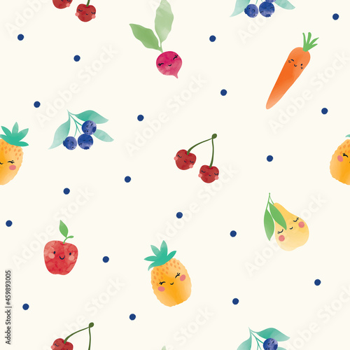 Fototapeta Naklejka Na Ścianę i Meble -  Cute fruits seamless pattern background with dots.
